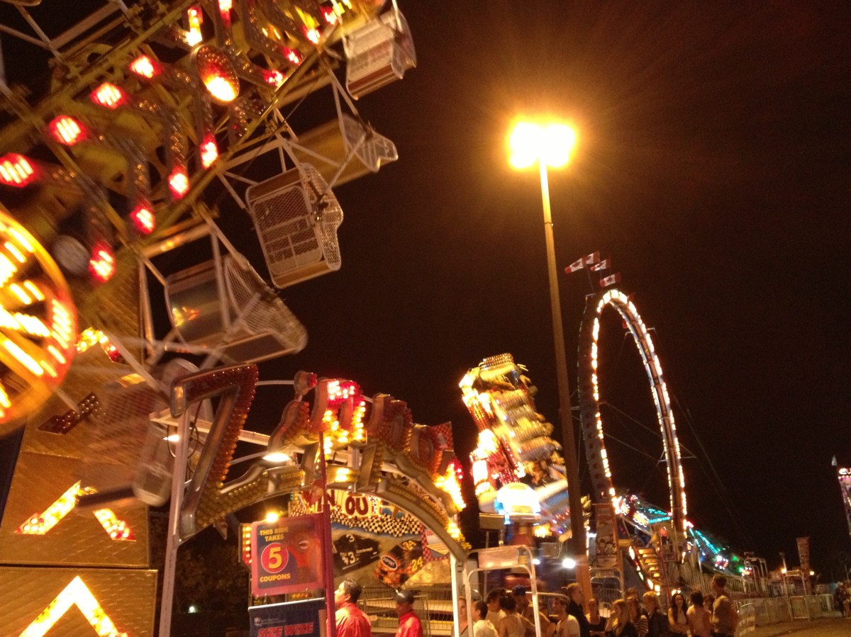 Rides at the CNE lit up at night.