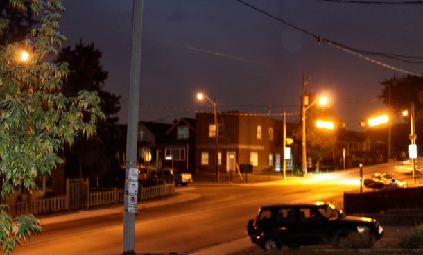 City street at night.