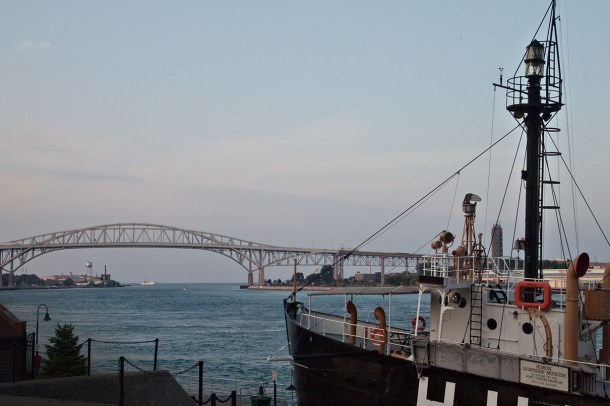 Blue Water bridge with docked ship.