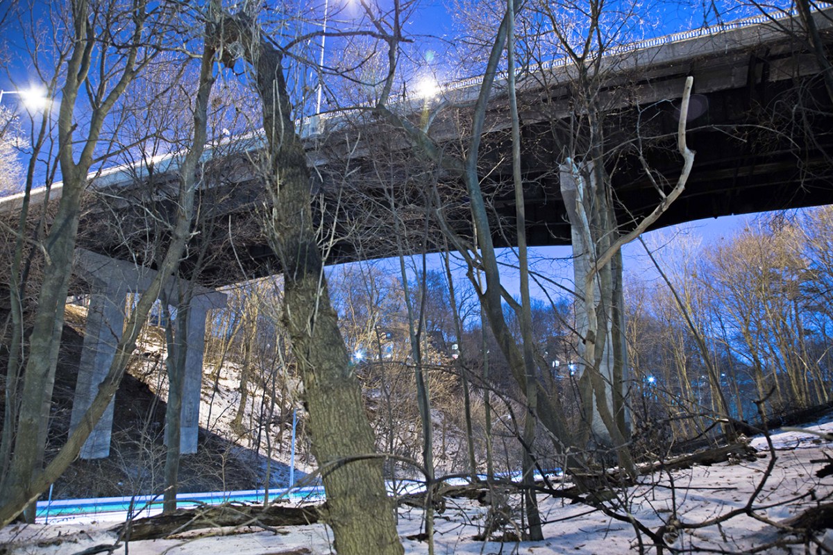 Looking up under the bridge over Rosedale Ravine in Toronto.