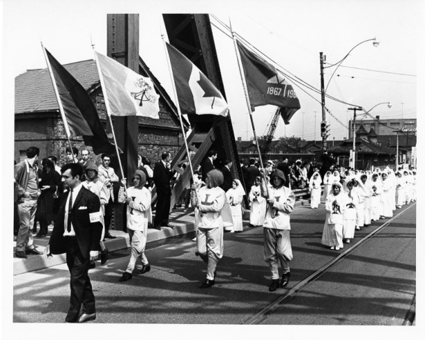 The Senhor Santo Cristo is one of the most important and largest events in the liturgical calendar of Azorean Catholics. Its procession was first introduced in Toronto in 1966 by the powerful priest Alberto Cunha, head of St. Mary's Roman Catholic parish. Photo by Leo Harrisson, York University Libraries, Clara Thomas Archives & Special Collections, Toronto Telegram fonds, F0433, ASC08319. 