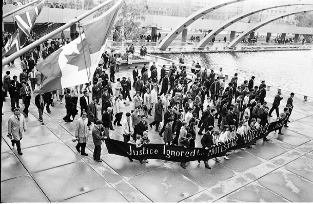 Portuguese immigrants protesting police violent on Nathan Phillips Square, May 17, 1969. Photo by Jim Kennedy, York University Libraries, Clara Thomas Archives & Special Collections, Toronto Telegram fonds, F0433, ASC08235.