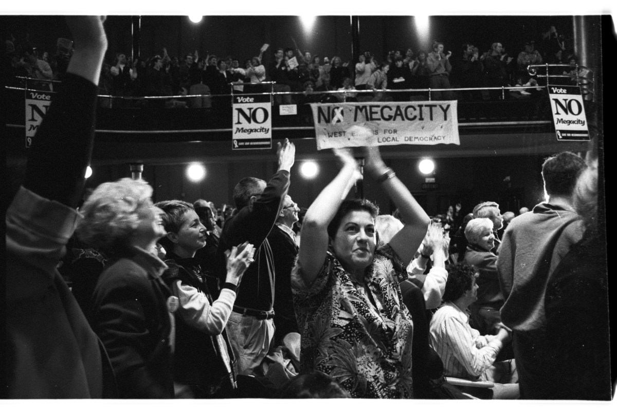 Inside Massey Hall at No Megacity rally.