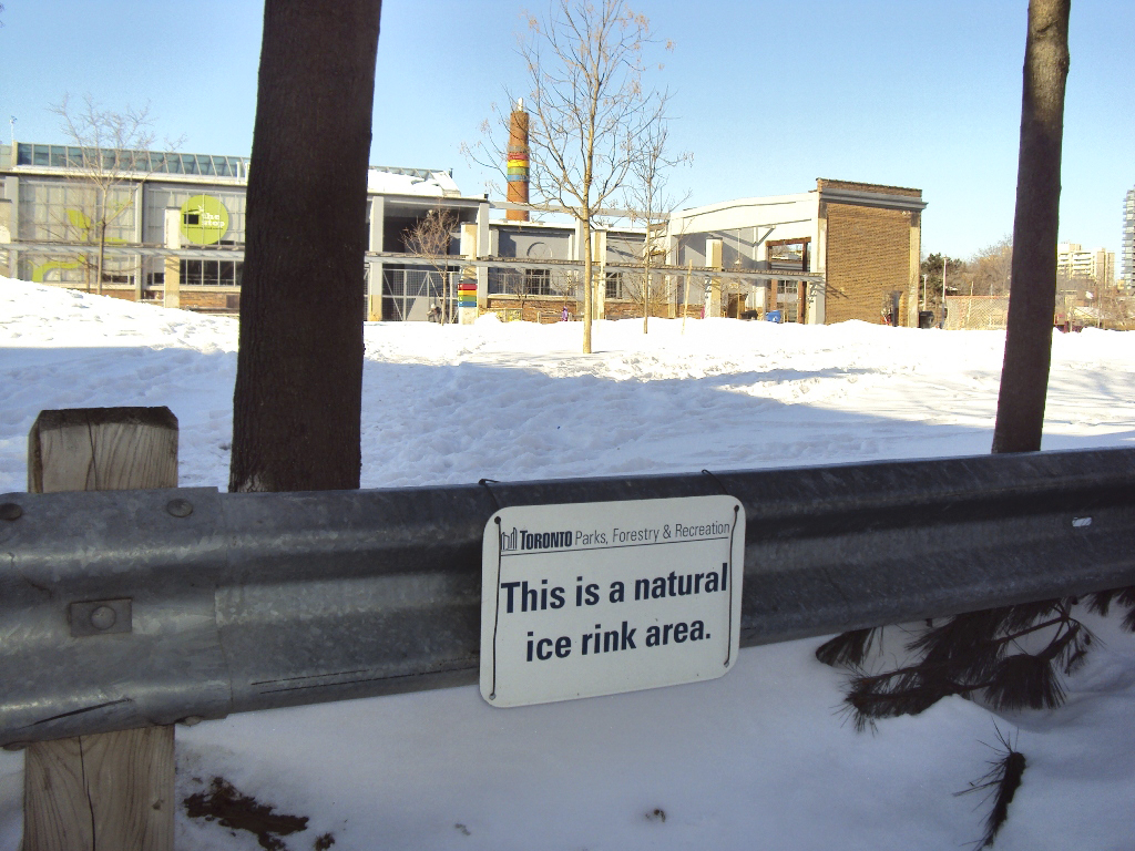 Natural ice rink sign at Wychwood Barns.