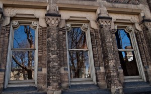 Ironwood trees reflected in windows of University College, U of T.