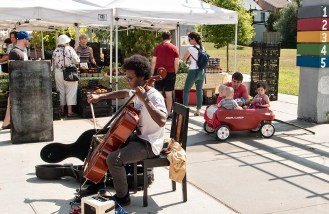 Cellist playing at market.