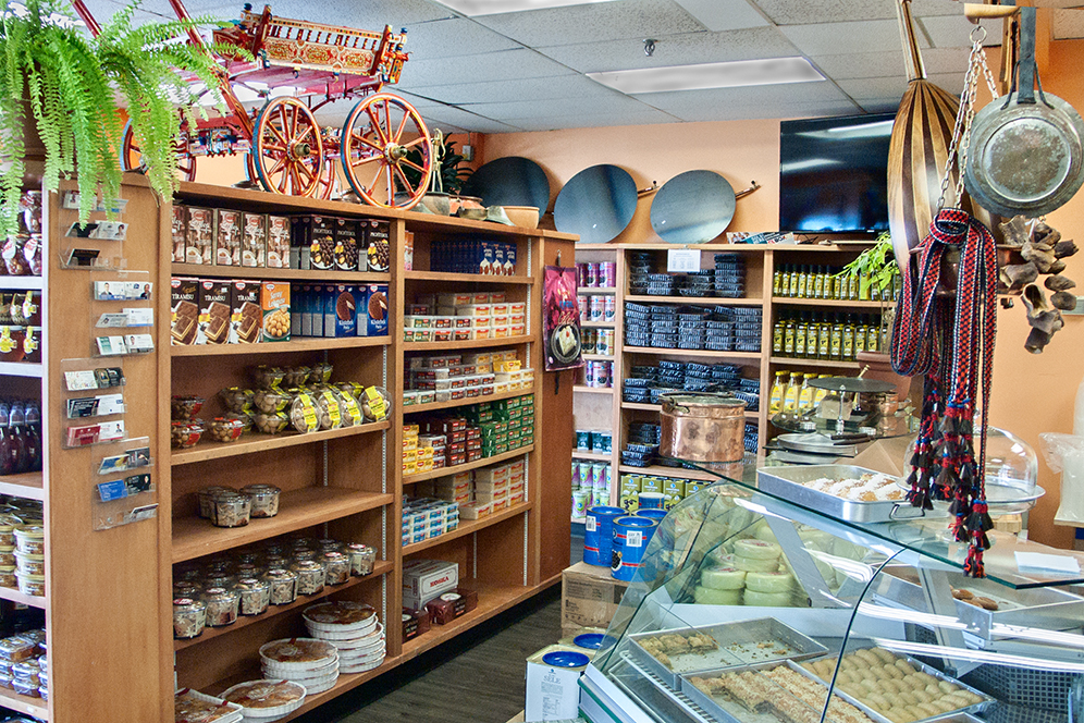 Cart on top of shelves.