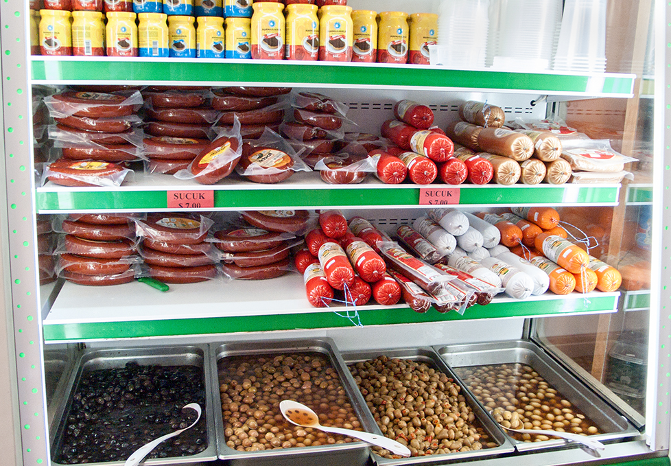 Olives and sausages.