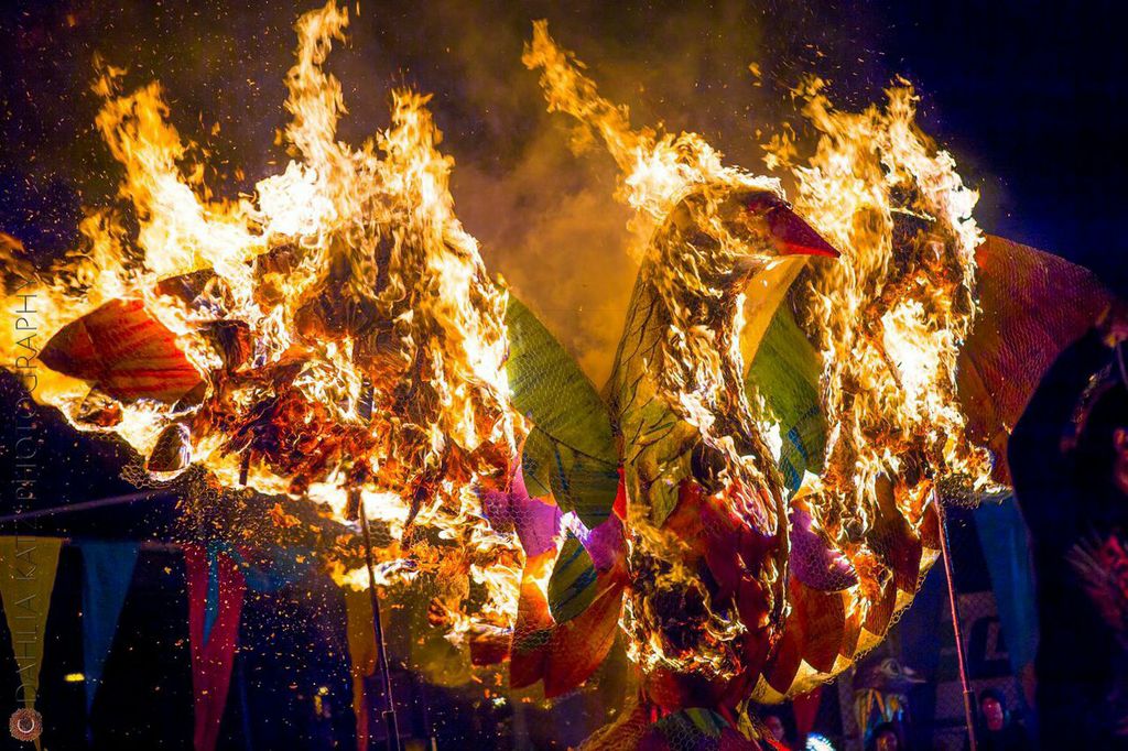 Bird sculpture aflame