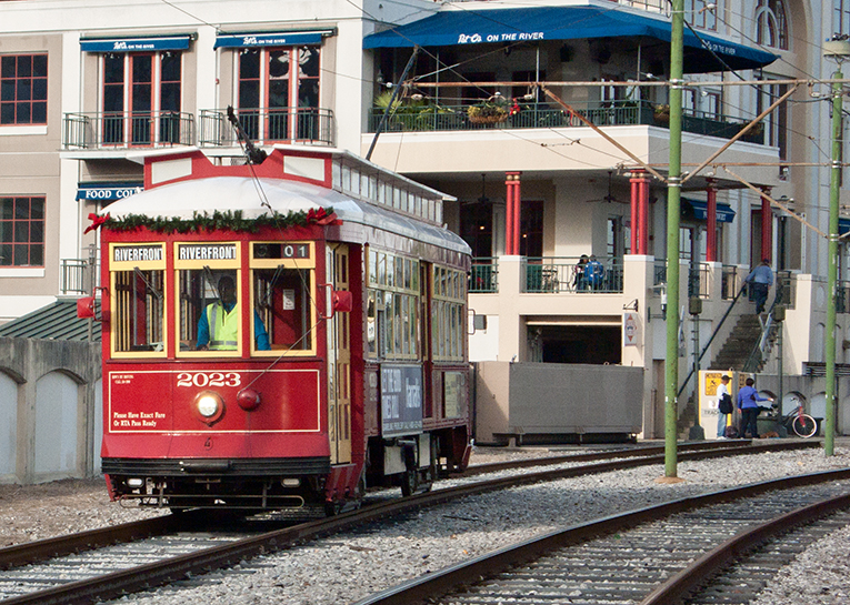 A Riverfront streetcar in New Orleans.