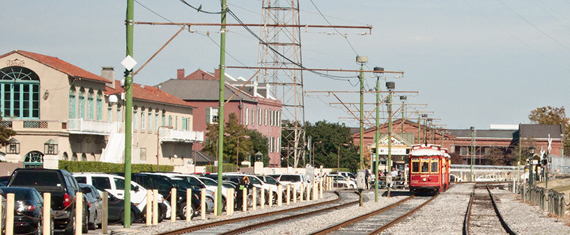 A New Orleans streetcar down the tracks.