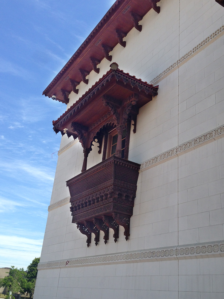 Carved wood balcony.