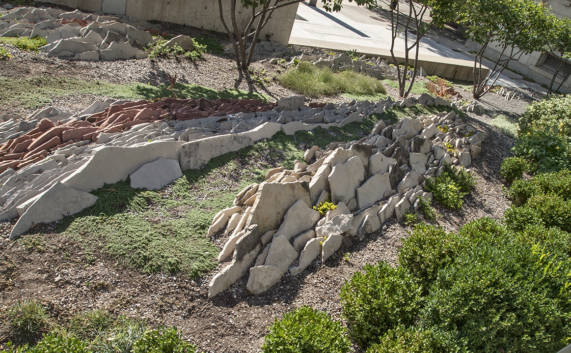 Craggy rocks in Gardiner Museum garden.
