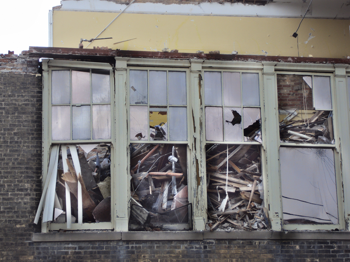 Windows full of construction debris.