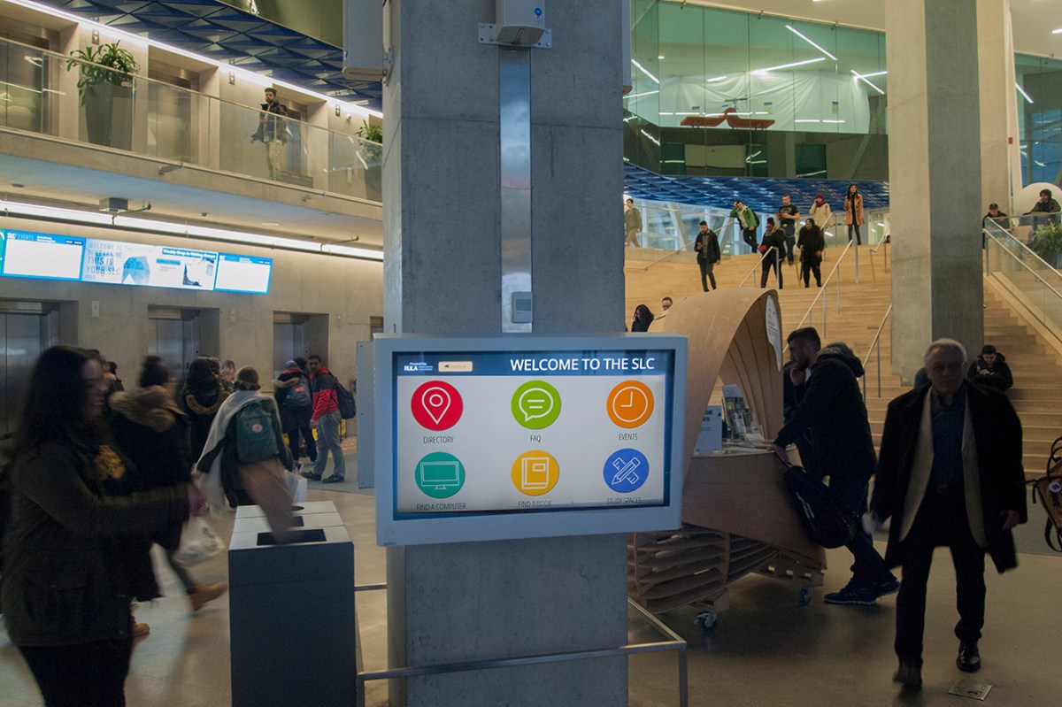 Info board in the atrium of Ryerson.