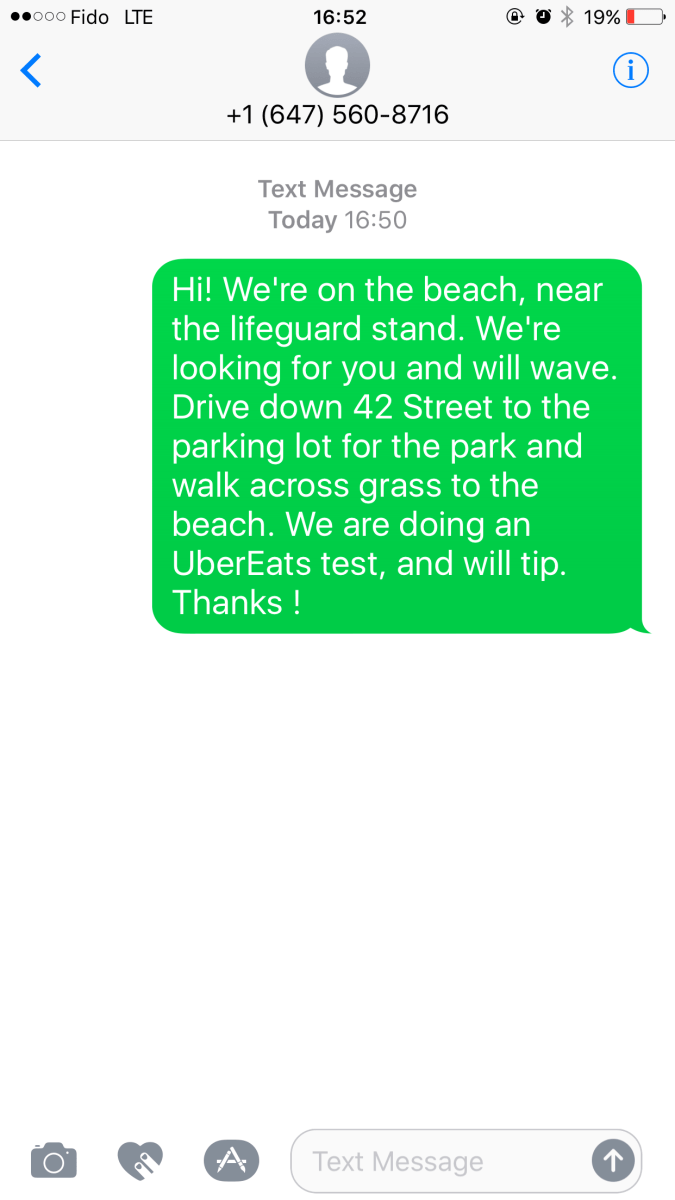 Our text to UberEats driver.