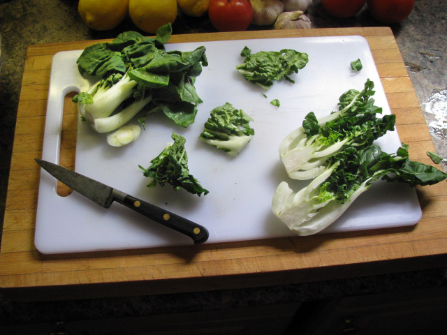 Baby bok choy cut up.