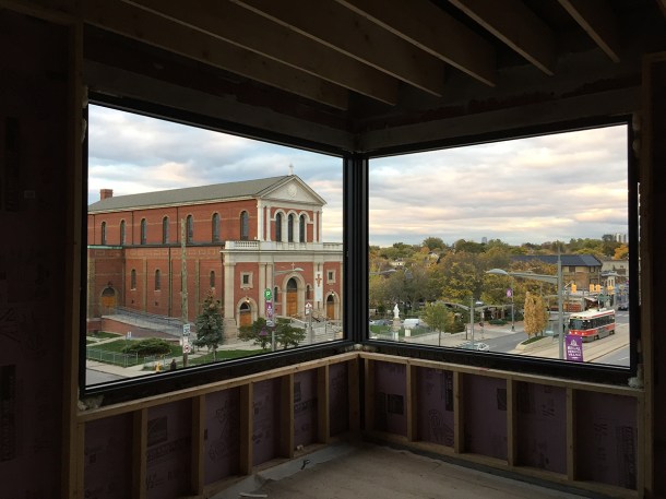 View of church and streetcar from third floor.