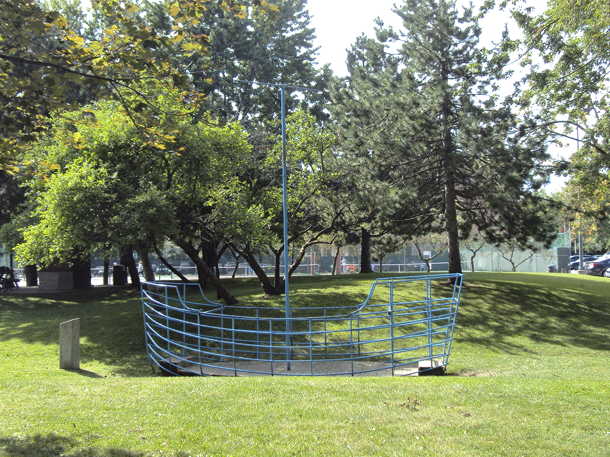 Ship sculpture on grounds.