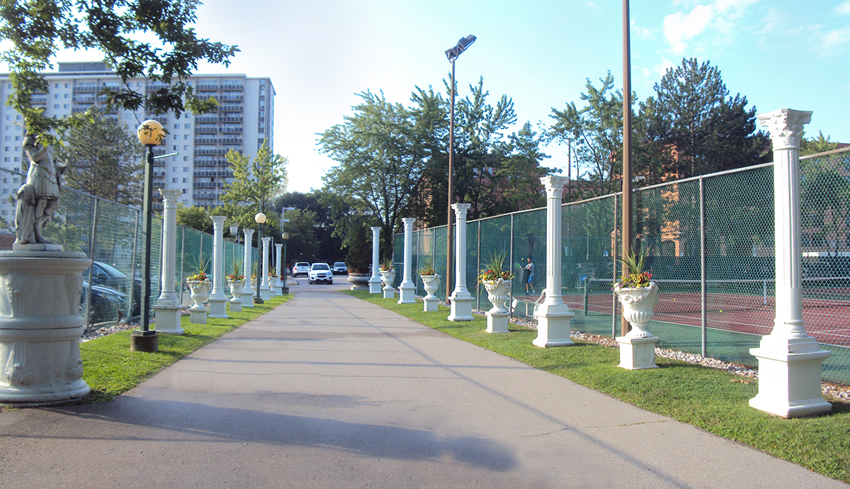 Promenade beside tennis courts.