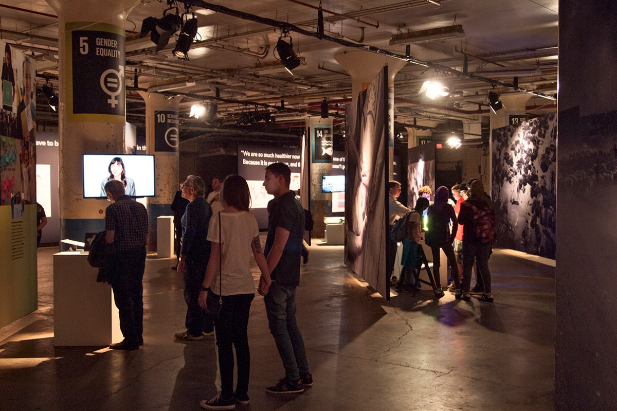 Expo hall with displays.
