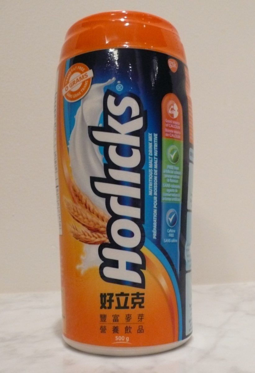 Jar of Horlicks with Chinese label.