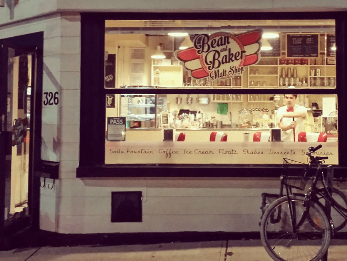 Bean and Baker malt shop exterior.