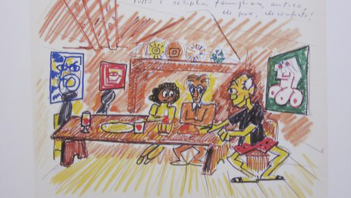 Visiting Picasso with Giulietta cartoon by Fellini