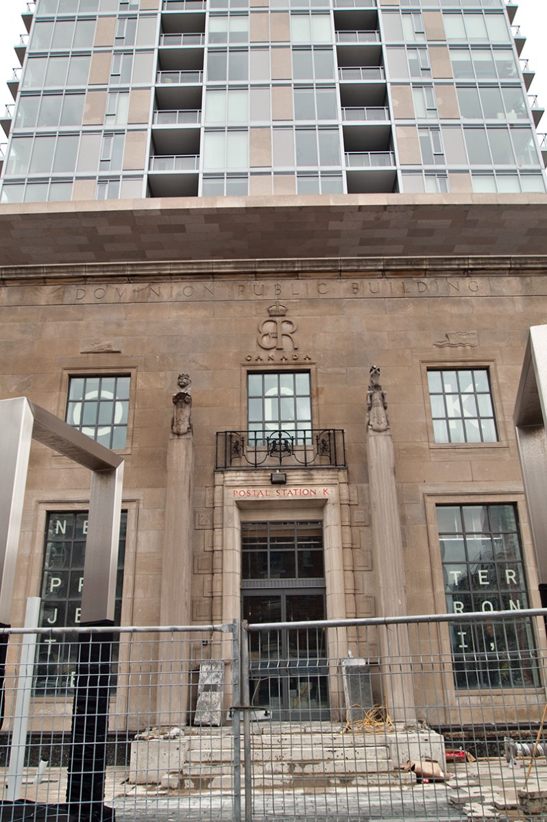Front of old and new buildings.