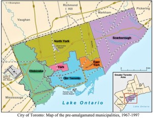 Map of Toronto boroughs pre-amalgamation.