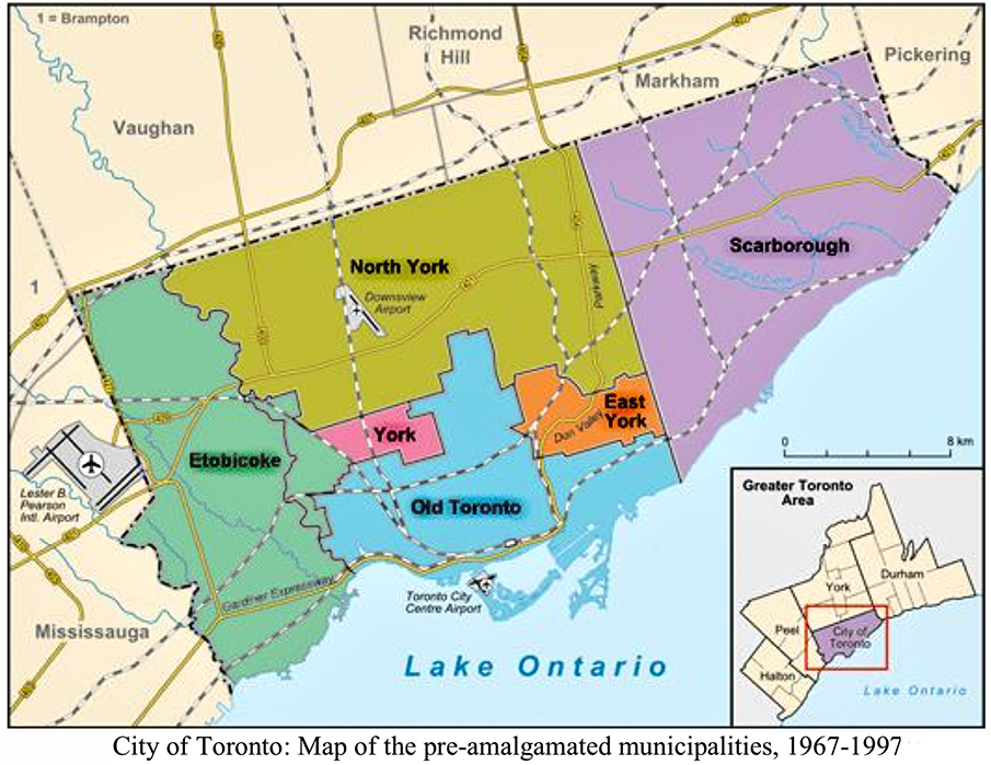 Map of Toronto boroughs pre-amalgamation.